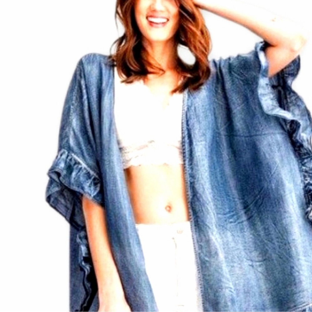 Easel Denim Kimono/Cardigan with Ruffle Sleeves